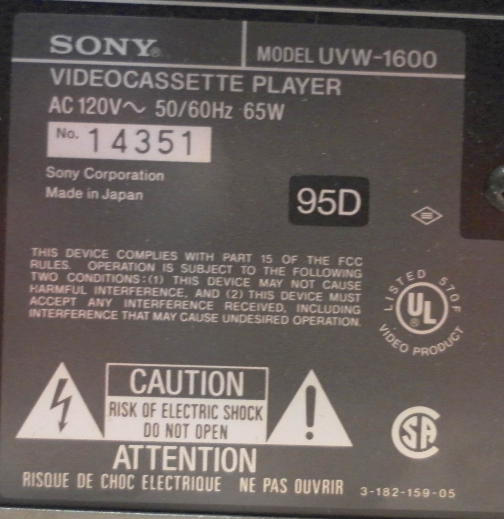 SONY BETACAM SP EDITING PLAYER UVW 1600  